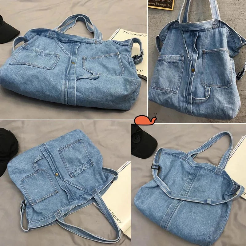 Futurecen  -  fancy bags Denim Tote Bags for Women and Man Large Capacity Design Handbag Unisex Casual Blue Shoulder Shopping Pack Jeans Japan Style Y2K