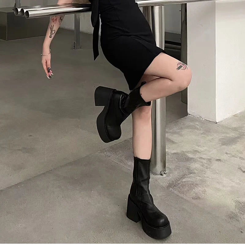 Futurecen Winter Platform Ankle Boots For Women Fashion Side Zippers Short Boots Female Elegant Square High Heel Women's Mordern Botties