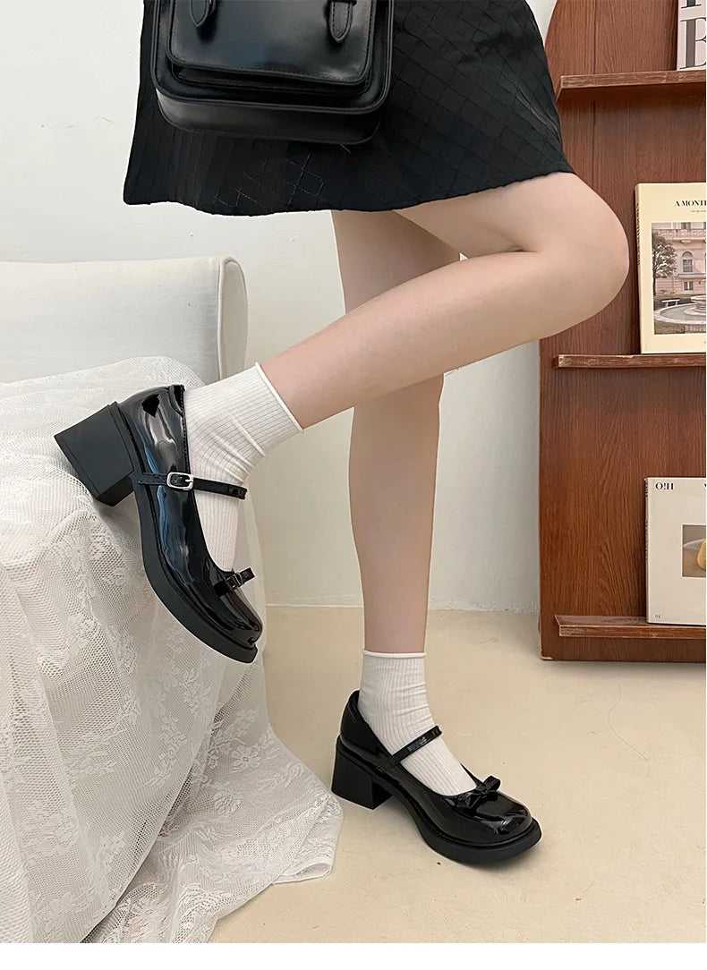 Futurecen Vintage High Heel Mary Jane Shoes for Women  New Summer Bow Brown Round Head English Style Small Leather Shoes