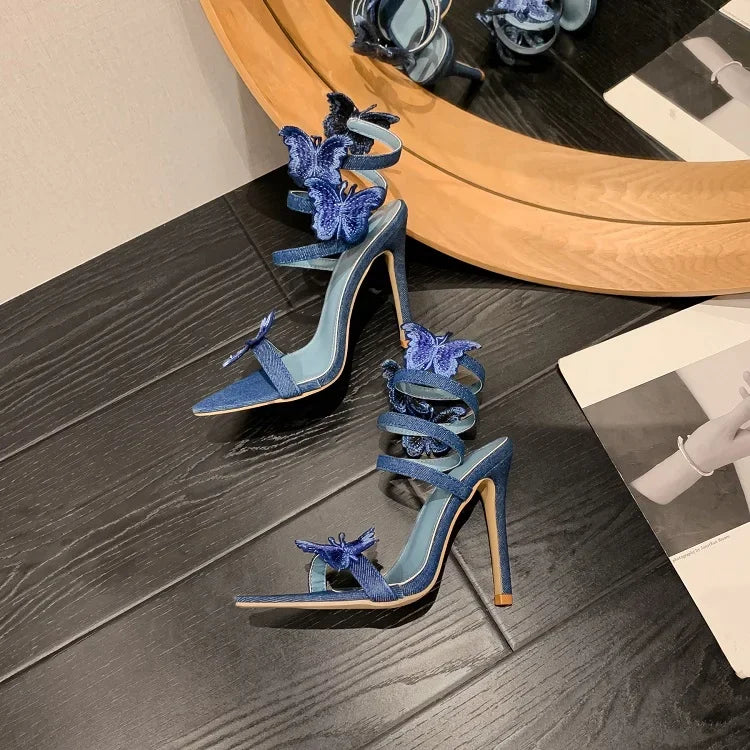 Futurecen Sexy Denim Butterfly-knot Thin Heels Women Sandals Hollow Out Ankle Strappy Shoes Summer Pointed Toe Zapatos Mujer