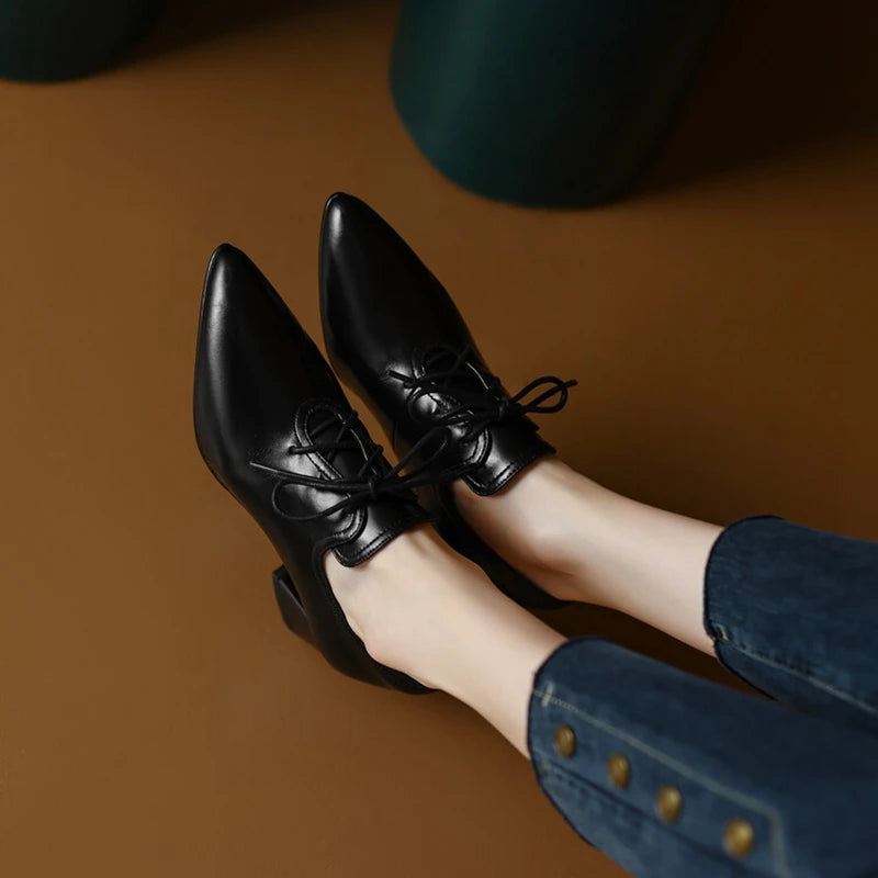 Futurecen  -  NEW Spring/Autumn Women Shoes Pointed Toe High heels Split Leather Chunky Heel Pumps Plus Size Retro Lace Up Black Shoes Women