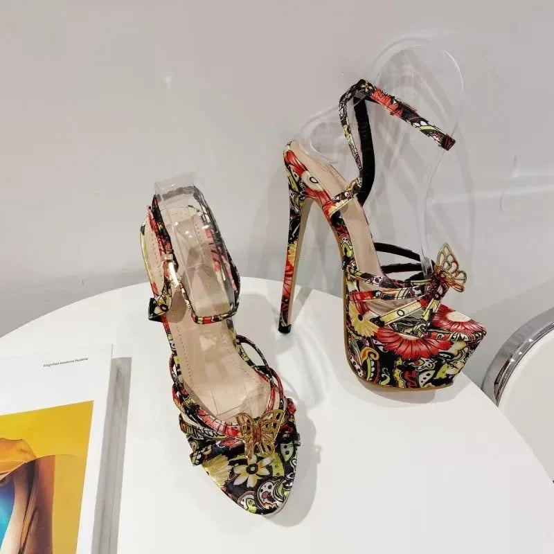 Futurecen  -  New Sexy Ultimate Slim High-heeled Women Sandals Designer Floral Color Retro Personality Stripping Shoes Women High-heeled Shoes