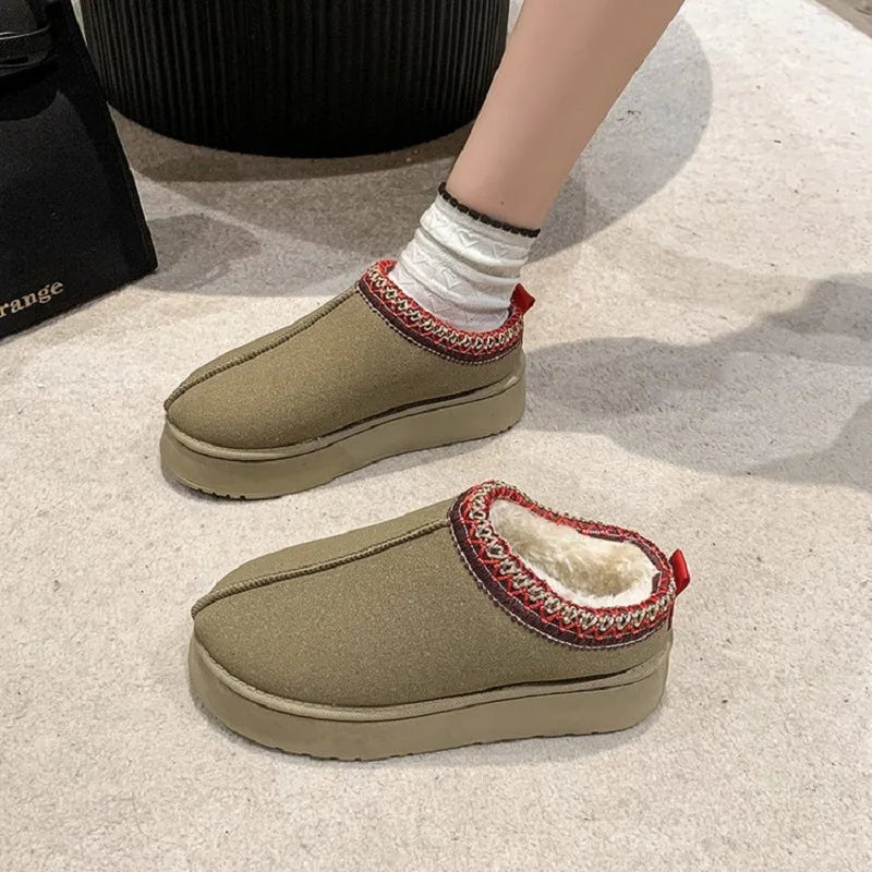 New Winter Retro Women Snow Warm Suede Leather Lazy Loafers Boots Shoes Woman Lady Female Flat Bottine Botas Boots Shoes