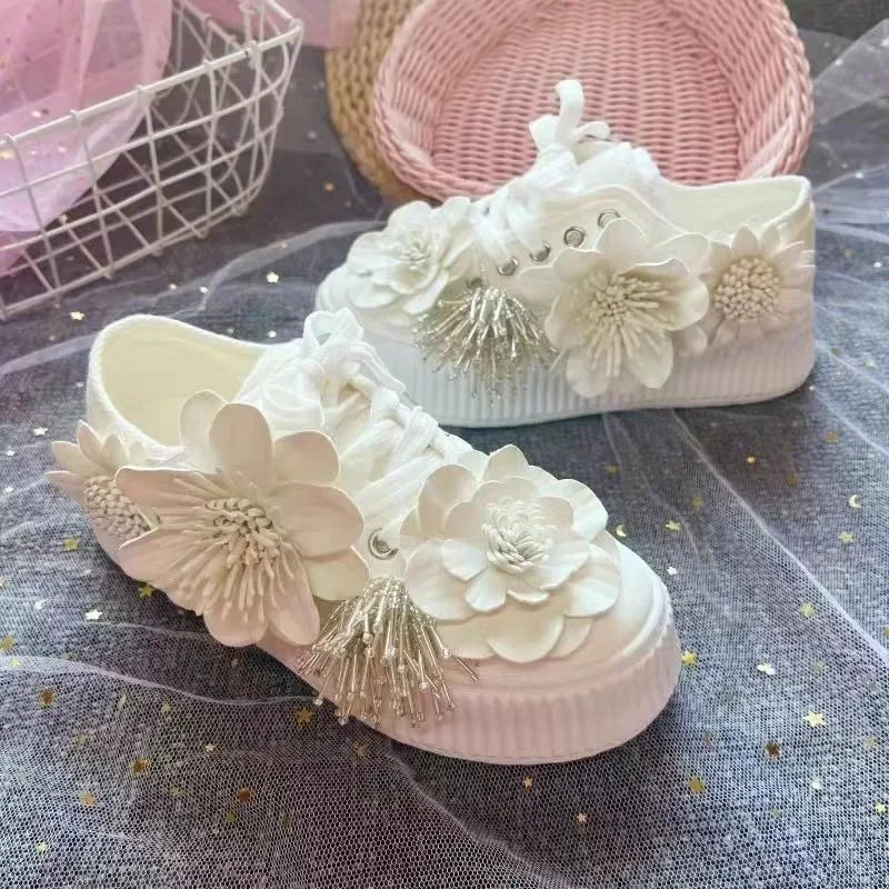 Futurecen  -  Spring Summer New College Style Lace Up Canvas Shoes Heavy Industry Water Diamond Flower Sweet Flat Shoes Women's Sneakers