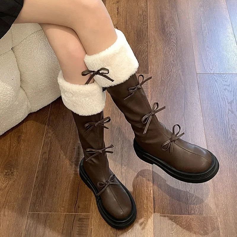 Short Plush Women Knee High Boots Fashion Square Heel Ladies Elegant Back Zippers Long Knight Booties Winter Women's Footwear