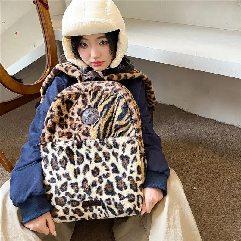 Futurecen  -  fancy bags Women Preppy Leopard Fluffy Backpacks Large Capacity Autumn Winter Faux Fur Students School Bag Vintage Commuter Backpack