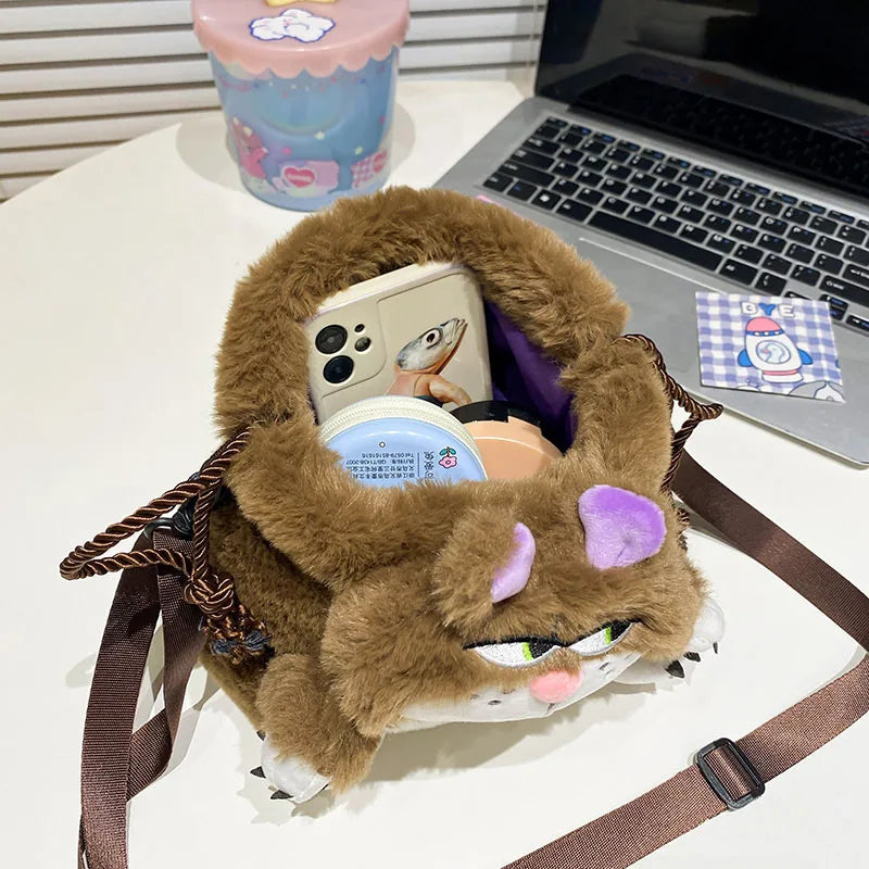 Futurecen  -  Winter Cute Plush Cat Crossbody Bags For Women Small Messenger Bag Warm Plush Doll Shoulder Bag Girls Birthday Gift Toy