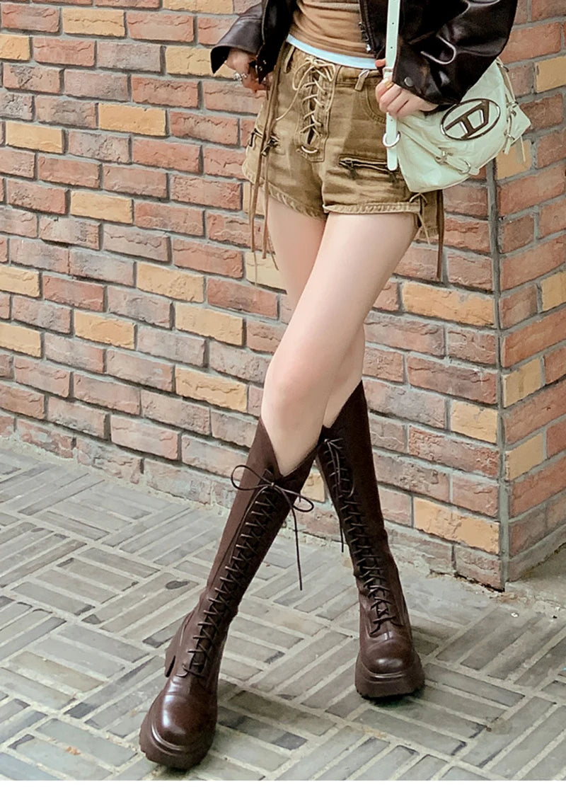 Futurecen Winter New Platform Women Long Boots Fashion Lace Up Ladies Elegant Knee High Boots Shoes Thick Bottom Boots