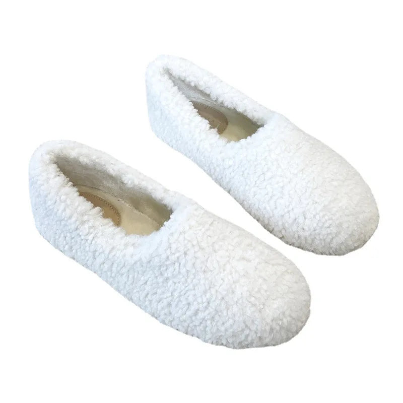 Futurecen  -  Plus Size 34-43 White Lambswool Loafers Woman Winter Cotton Shoes Warm Plush Mocasines Mujer Ladies Daily Sheep Fur Flats