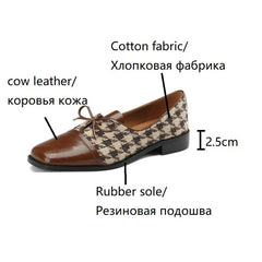 Futurecen  -  Spring/Autumn Women Shoes Square Toe Chunky Heel Shoes Women Cow Leather Women Pumps Cotton Fabric Lattice Low Heel Shoes