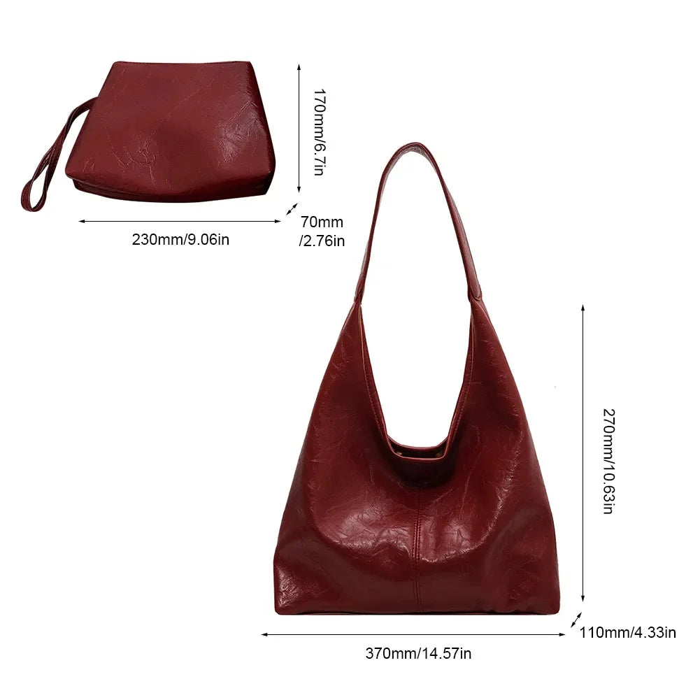 Futurecen  Women's PU Leather Soft Shoulder Bag Vintage Wine Red Ladies Underarm Bag 2pcs Commuter Versatile Tote Bag Quality Large Handbag