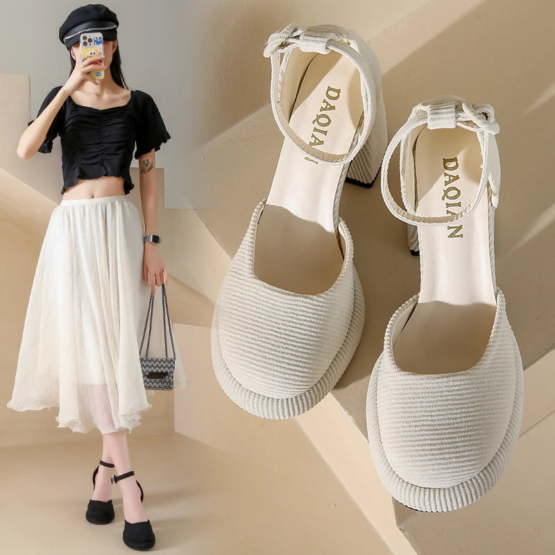 Futurecen  -  Beige Heels Women's Fashion Square Toe Chunky Heel Sandals Ladies Beige Wedding Dress Party Shoes