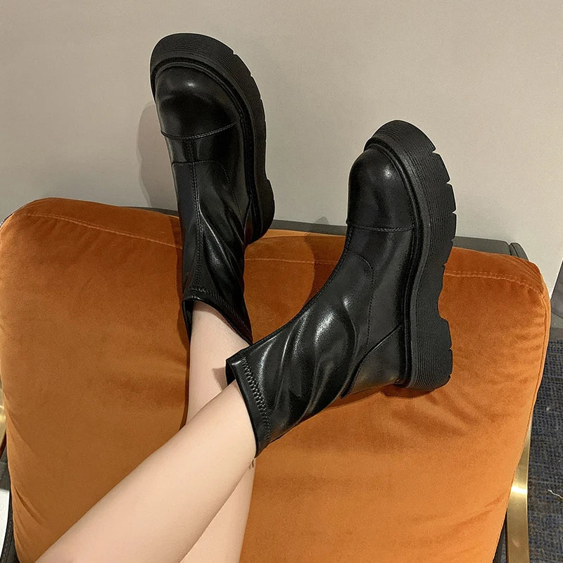 Futurecen  -  Winter Thick Heel British Luxury Boots Leather Female Thick Sole Chelsea Boots Thin and Increased Boots Female D34