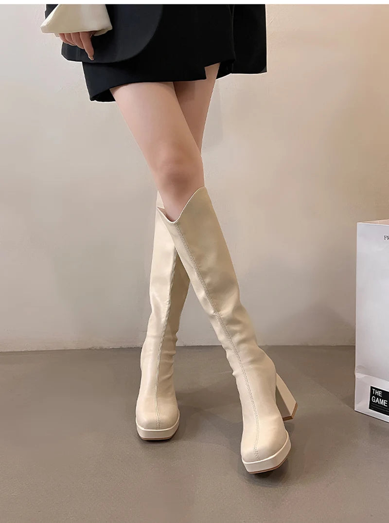 Futurecen Platform Long Boots For Women Fashion Back Zippers High Heel Knee High Boots Autumn Winter Ladies Elegant  Booties