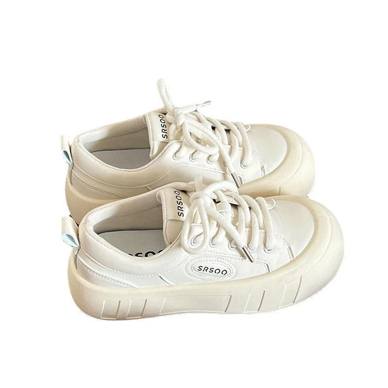 Futurecen Women Little White Shoes Advanced Versatile Thick Bottom Casual Sneakers  New Solid Color Lace-up Sports Board Shoes Women