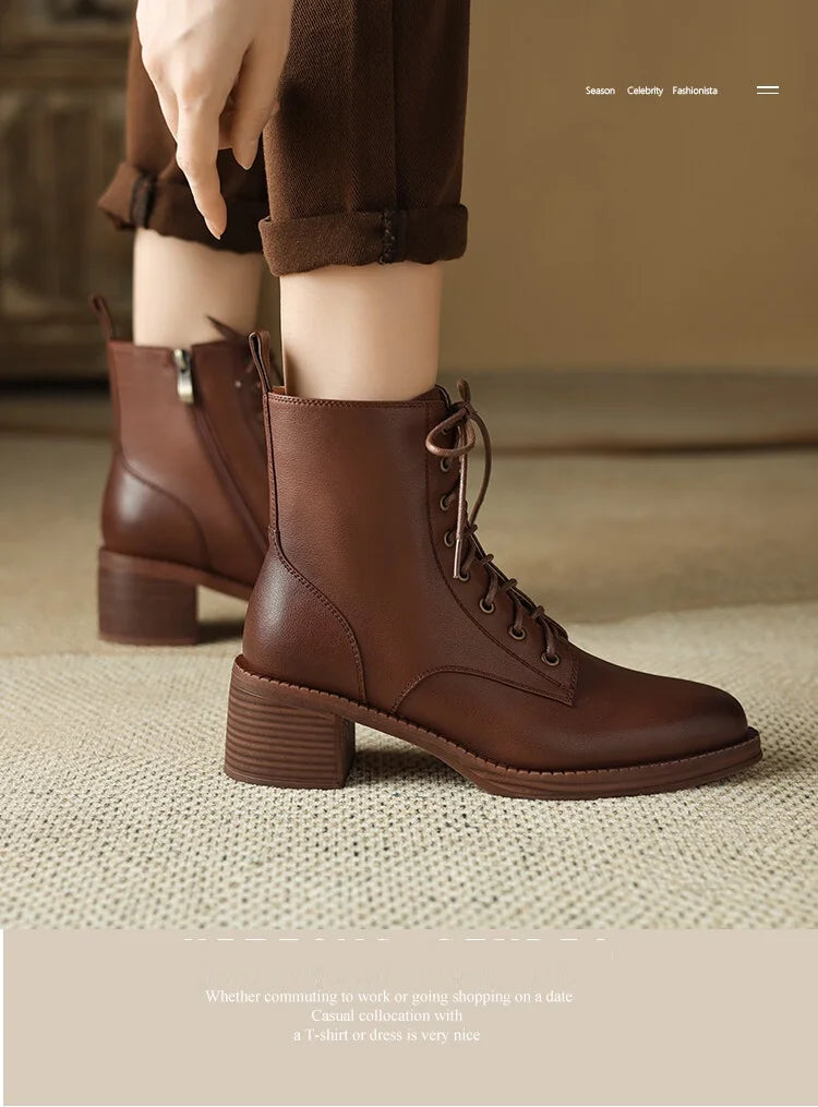 Futurecen NEW Autumn Women Boots Genuine Leather Shoes for Women Pointed Toe Chunky Heel Shoes Lace-up Ankle Boots Zipper Modern Boots