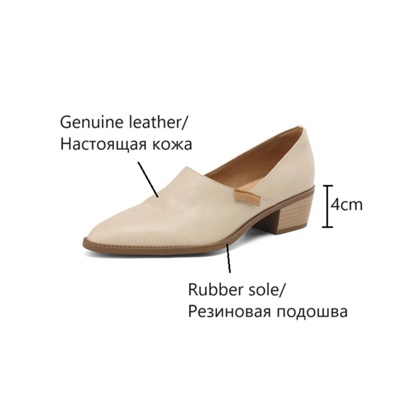 Futurecen  -  NEW Spring Women Loafers Pointed Toe Chunky Heel Shoes Genuine Leather Shoes for Women Concise High Heels Slip-on Women Pumps