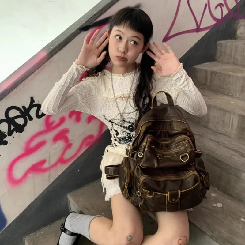 Vintage Y2k Women Backpack Brown Original Casual Large Capacity Leather Men Travel Backpack Designer Fashion Female Bag