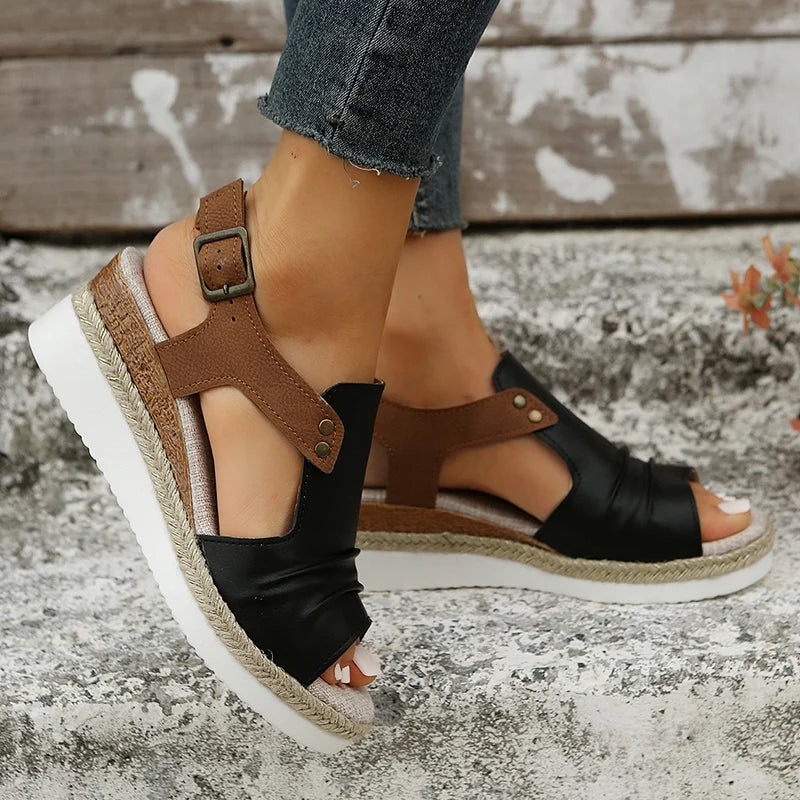 Futurecen  Pleated PU Leather Wedge Sandals for Women Back Strap Espadrilles Platform Sandal Woman  Summer Thick Bottom Peep Toe Shoes