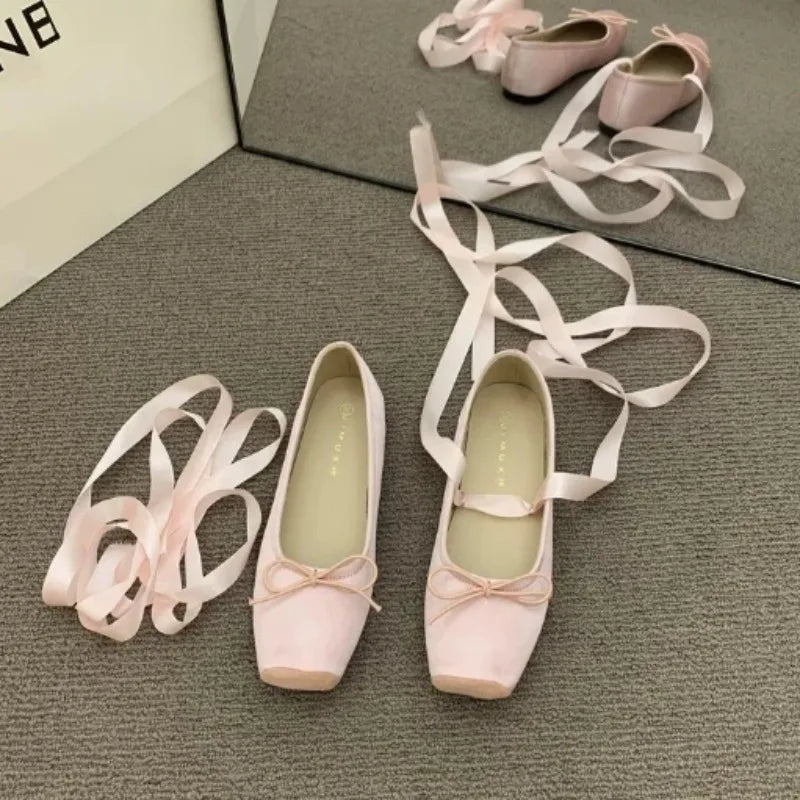 Futurecen New Women's Flat Footwear Pink Ballet Women Single Shoes Fashion Lace Up Girl Mary Jane Shoes Sweet Flowers Ladies 2024 Spring