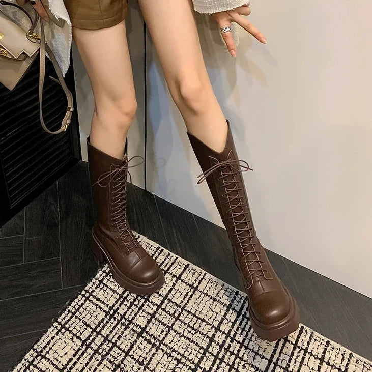 Futurecen Winter New Platform Women Long Boots Fashion Lace Up Ladies Elegant Knee High Boots Shoes Thick Bottom Boots