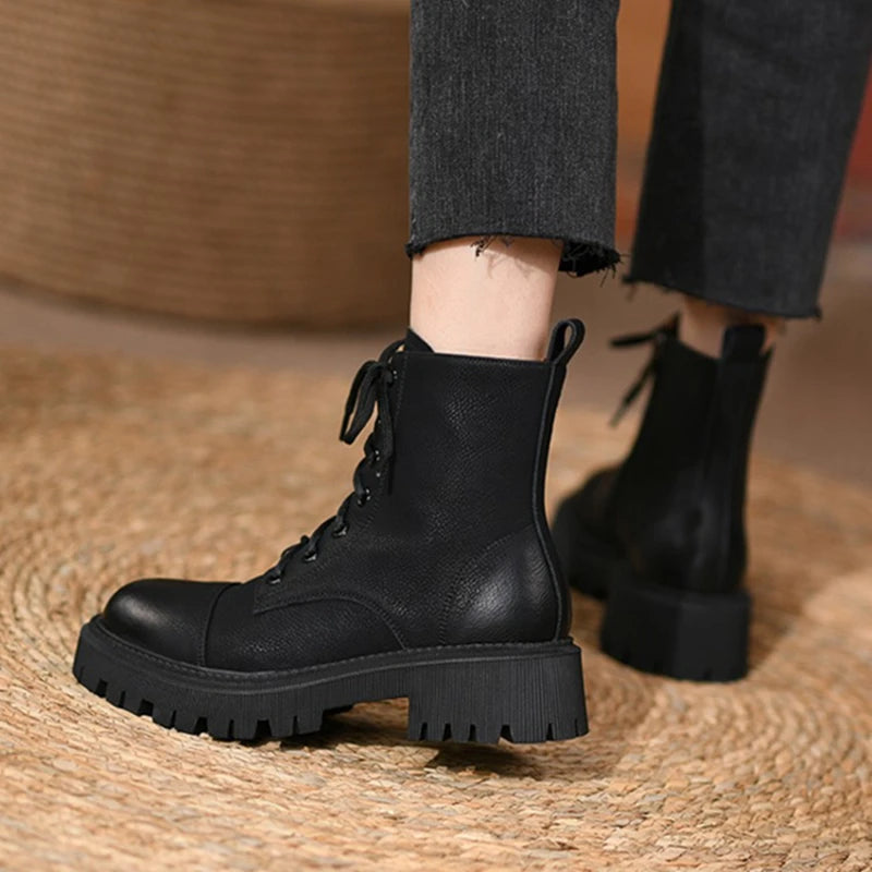 Futurecen  -  HOT Fall Shoes Round Toe Thick Heel Women Shoes Winter Women Boots Split Leather Boots Casual Platform Boots Motorcycle Boots