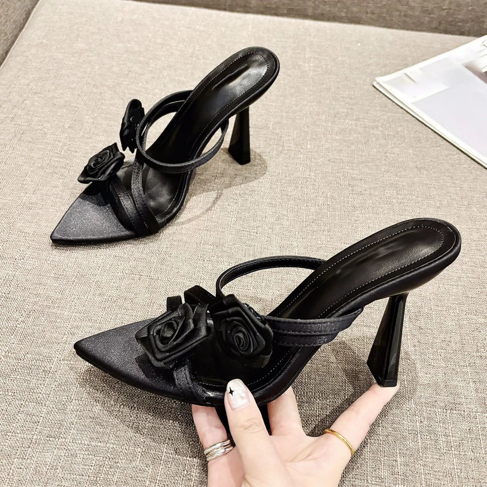 Futurecen 2024 Summer New Fashion Pointed Flower Sexy Sandals Stiletto High Heels Sexy Runway Slippers Women Elegant Banquet Shoes