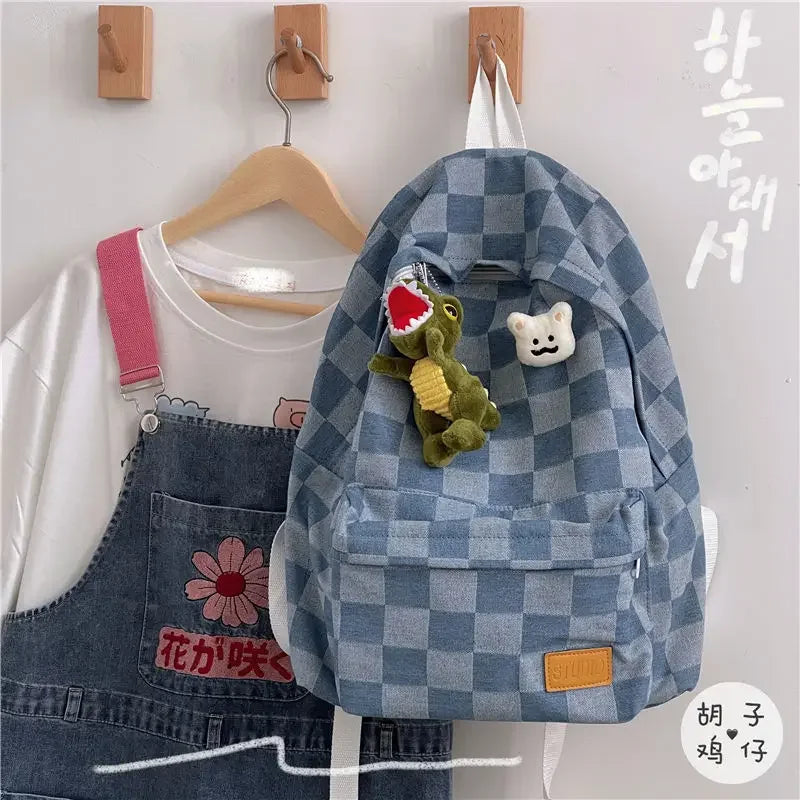 Futurecen  -  fancy bags Korea Preppy High School High-capacity Student Backpack Vintage Plaid Denim Y2k Aesthetic Travel Backpack Office Lady Laptop Bag