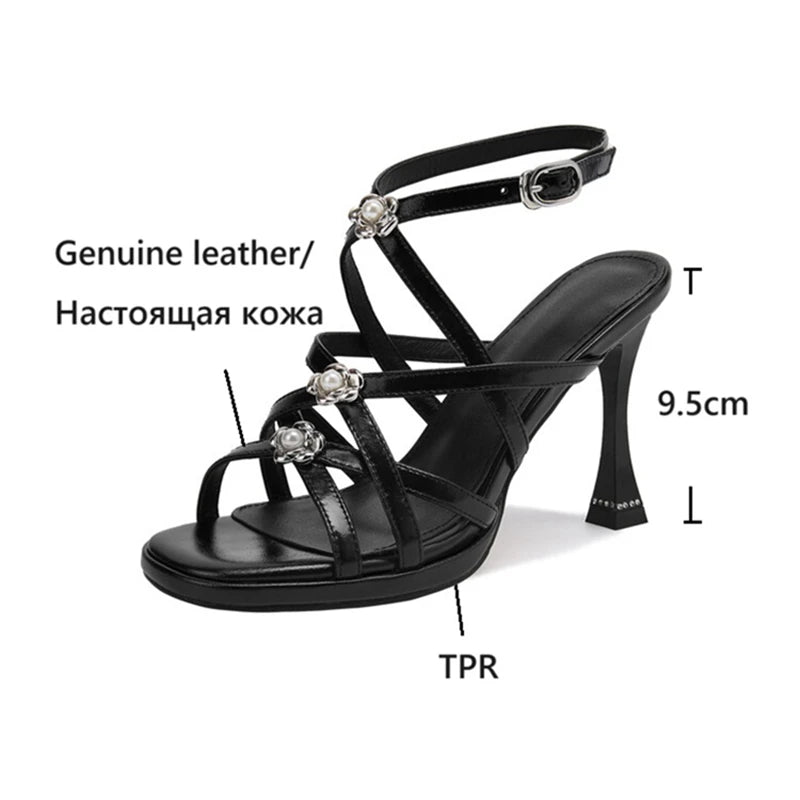 Futurecen NEW Summer Women Sandals Genuine Leather Shoes for Women Sexy Round Toe Super High Heel Shoes Roman Narrow Band Flowers Sandals