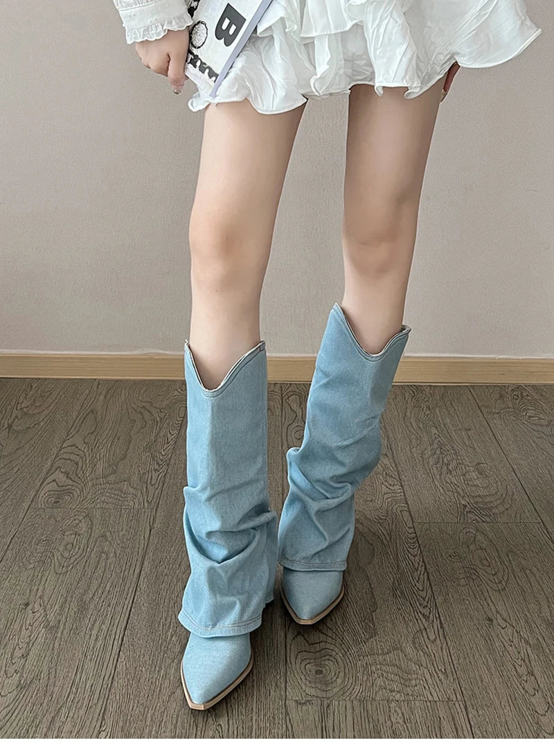 Futurecen Retro Style Women Western Cowboy Boots Fashion Slip On Thick Heel Long Booties Autumn Winter Female Denim Shoes