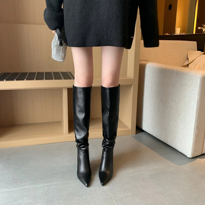 Futurecen  -  NEW Fall Shoes Women Pointed Toe Stiletto Leather Boots for Women INS Fashion Sexy Knee-high Boots Solid Pleated High Heel Boots