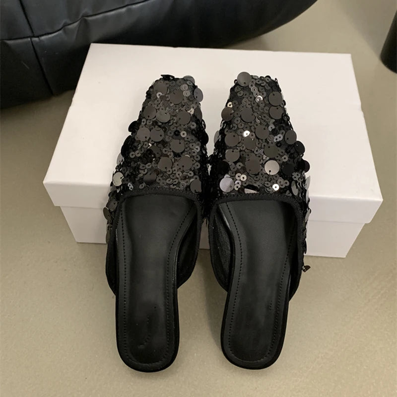 2024 Summer Woman Mules Slippers Fashion Sequin Slip On Flats Heel Slides Shoes Ladies Outdoor Street Style Sandalias