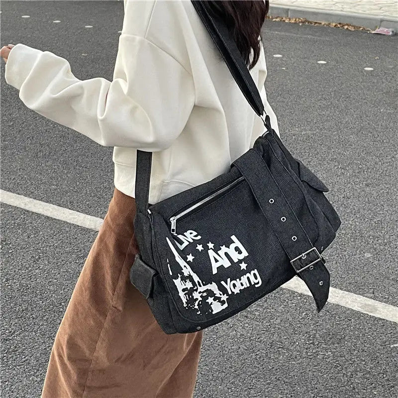 Futurecen  - fancy bags Women Vintage Letter Messenger Bags Denim Y2k Soft Crossbody Bag High Capacity Unisex School Bags Street Style Tote Handbag New