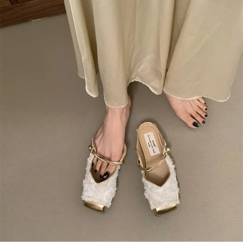 Futurecen Summer Women Mules Slippers Fashion Elegant Slip On Singbacks Slides Shoes Ladies Comfort Square Toe Flats Sandalias