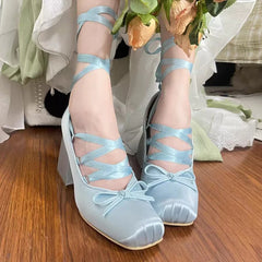 Pink Silk Cross-strap Ballet Shoes Sweet Girl Square Toe High Heels Women Pumps Elegant Ladies Bowknot Lace Up Lolita Shoes New