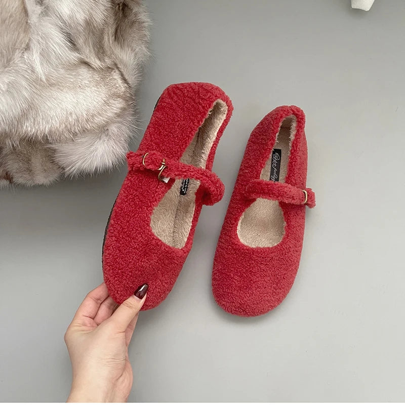 Futurecen  Spring Autumn Women Fur Shoes Fashion Shallow Buckle Ladies Flats Round Toe Women's Comfort Keep Warm Street Shoes