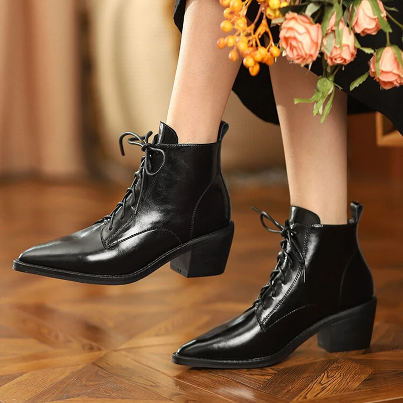 Futurecen  -  Autumn Boots Women Split Leather Shoes for Women Pointed Toe Chunky Heel Shoes Casual Lace-up Short Boots Retro Ankle Boots