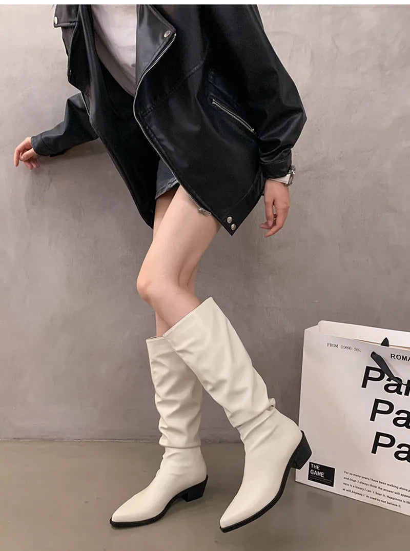 Futurecen Winter Women's Knee High Boots Fashion Slip On Pleated Long Botas Ladies Elegant Square Low Heel Shoes Women's Knight Bootties