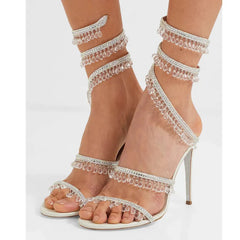 Futurecen Fashion Crystal Pendant Tassels Women Sandals Sexy Snake Coiled Stiletto High heels Gladiator sandals Summer Wedding Party Shoes