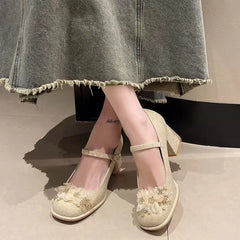 Futurecen  -  Pearl Flower New Thick Sole Mary Jane Shoes Female Platform High Heels Sweet Dress Thick Heel Party Women's Shoes Sandals