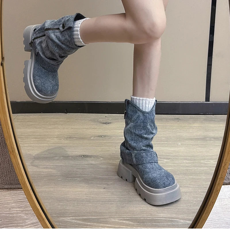 Futurecen Chunky Women Blue Denim Short Boots Fashion Slip On Ankle Booties Autumn Winter Female Platform Heel Shoes