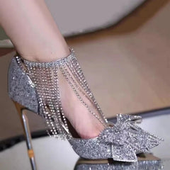 Futurecen  -  New silver high heels women's rhinestone fine high heel bow pointed chain wedding bridal shoes