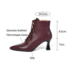 Futurecen  -  NEW Autumn Shoes Women Pointed Toe High Heels Geunine Leather Boots Thin Heel Ankle Boots Women Lace Mature Zipper Modern Boots