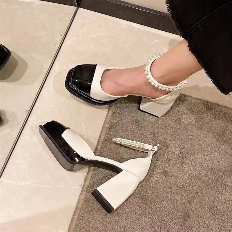 Futurecen  -  Women Heels Platform Shoes Mary Jane Shoes for Women Chunky Heels Buckle Strap Pumps Woman Thick Bottom Pearl Sandals