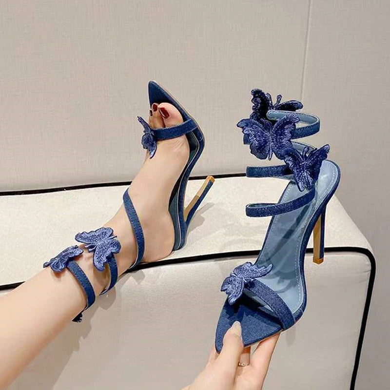 Futurecen  High Quality Embroidery Butterfly Ankle Strap Sandals Women Sexy Pointed Toe Gladiator Heels Summer Party Dress Shoes Blue