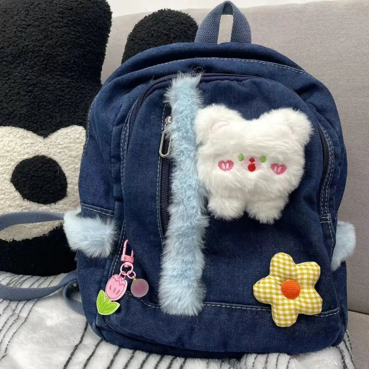 Futurecen  -  fancy bags White Bear Cute Backpack For Girls Fashion Denim Mini School Bag Design Y2k Fur Backpacks Preppy Style Kawaii Japanese Schoolbag