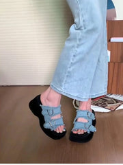 Futurecen Designer Summer Denim Woman Slippers Fashion Open Toe Platform Flats Slides Shoes Outdoor Dress Sandalias