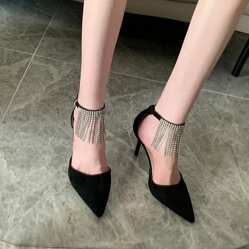 Futurecen  -  Black Designer Heels Sandals Women Summer Luxury Rhinestone Tassel High Heels Sandalias Party Wedding Bridal Shoes 8cm