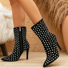 Futurecen Fashion Sexy Rhinestone Crystal Woman Ankle Boots Elegant Thin High Heel Pointed Toe Side Zipper Shoes Botas De Mujer