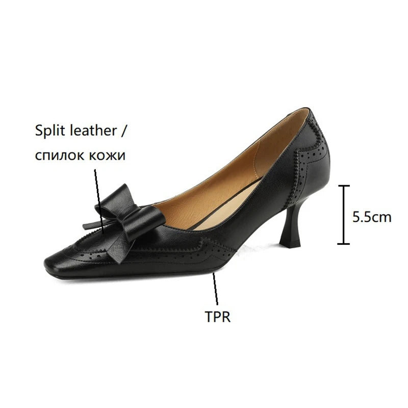 Futurecen Spring/Summer Women Pumps Split Leather High Heels Square Toe Thin Heel Women Shoes Butterfly-knot Lady Shoes Party Shoes